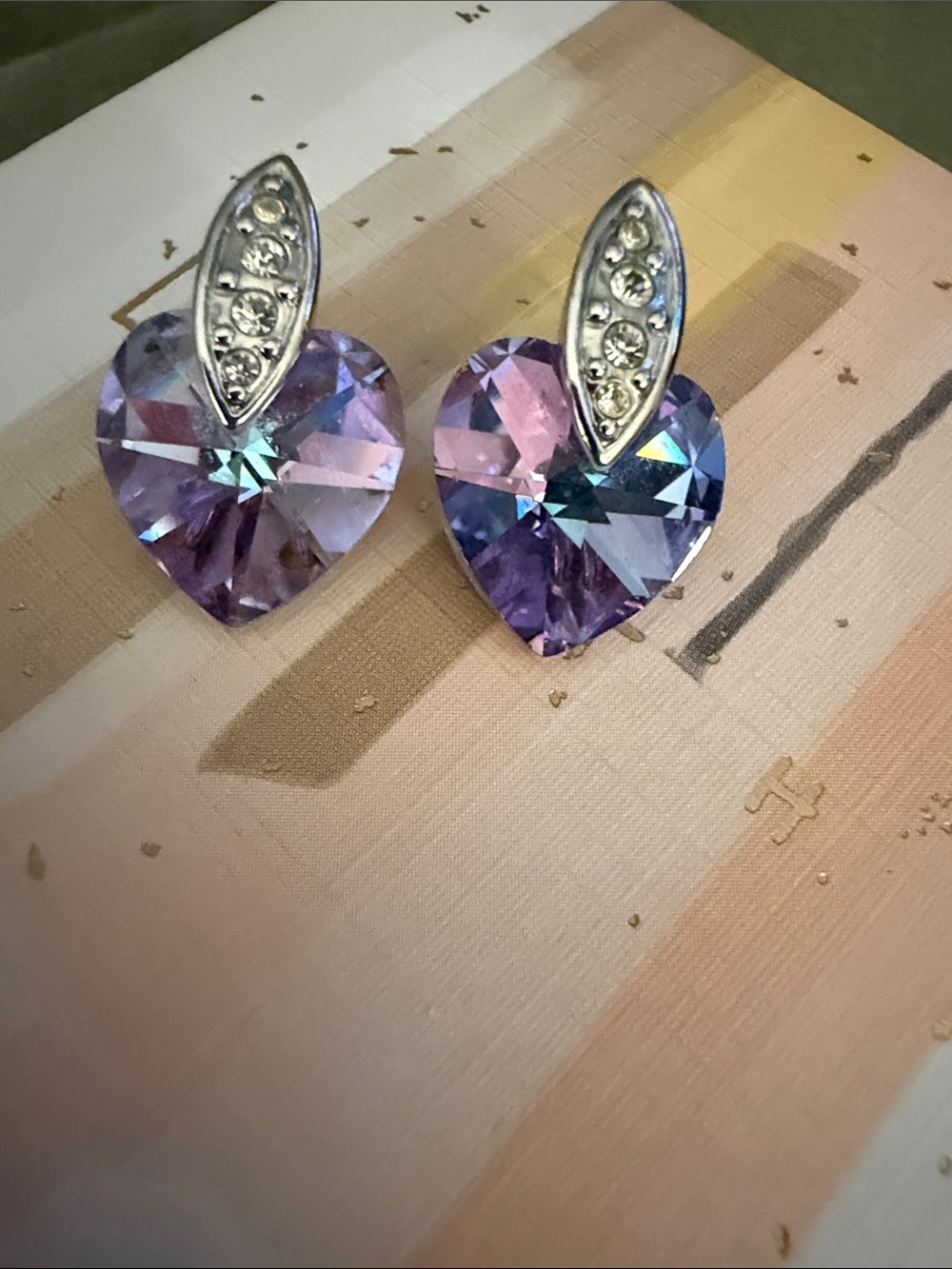 Silver-Tone Purple Heart Crystal Stud Earrings